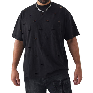 Oversized Black Washed Cotton <b>T</b>-<b>Shirt</b> Men Street Style Short Sleeve O-Neck Solid Color Distressed Design <b>Long</b> <b>Length</b> Jersey Fit - Product Image 1