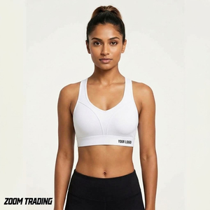 Soutien-gorge de sport pour femme à maintien élevé, sans couture, en Spandex/Nylon, avec bonnets moulés, coussinets amovibles, maille respirante et large fermeture frontale unie - Product Image 1
