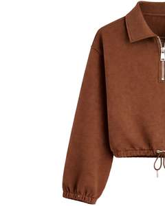 Sudadera Corta Personalizada Marrón para Mujer con Cierre de Cremallera, Estilo Casual, con Cordón Ajustable en el Bajo, de Felpa Suave, Algodón y Poliéster, para Invierno - Product Image 2