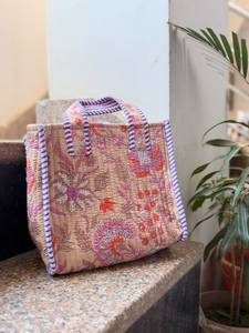 Bolso Tote de Algodón Acolchado con Bordado Floral, Asas a Rayas, Cierre de Cremallera, Estilo Moderno, para Uso Diario de Mujeres, para Todas las Temporadas, Bolso de Compras - Product Image 3