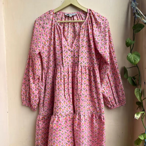 Vestido corto de algodón estampado rosa, túnica india con estampado a mano, ropa de playa, vestido de fiesta de verano, vestido étnico para mujer con cintura natural - Product Image 1