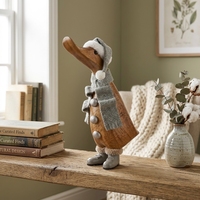 Figurine de canard en bois artisanale faite à la main, avec écharpe et chapeau gris, décoration de table de Noël et d'anniversaire, présentation pour salon