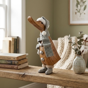 Handmade Wooden <b>Duck</b> Figurine with Gray Scarf and <b>Hat</b> Christmas Table Decoration Rustic Animal Sculpture for Living Room Display - Product Image 2