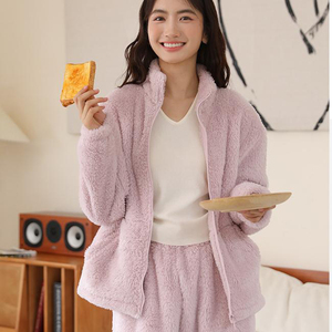 Conjunto de Pijama de Forro Polar para Mujer, Manga Larga, Color Sólido, Cierre Frontal con Cremallera, Ropa de Dormir Cálida para Invierno, Tejido Suave, 100% Poliéster - Product Image 6