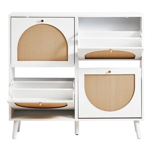 Scarpiera in Rattan a 2 File e 4 Contenitori, con Piedini Alti, 105x24x98cm, Struttura Bianca + Pannello Truciolare Originale + Scaffali in Plastica per Scarpe - Product Image 5