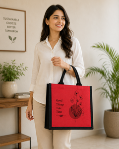 Red Jute Shopping <b>Bag</b> With Floral Design And "Good Things Take Time" Quote <b>Medium</b> <b>Size</b> Handheld Tote - Product Image 4