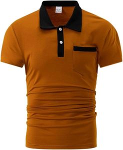 Men's Solid Color Short Sleeve <b>Polo</b> Shirt With Pocket Casual Knitted Design <b>Orange</b> Black Collar - Product Image 4