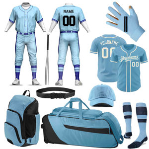 Ensemble complet d'uniformes de baseball bleu ciel avec nom et numéro d'équipe personnalisés OEM - Product Image 1