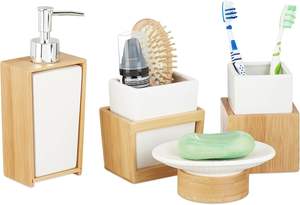 Ensemble d'accessoires de salle de bain tendance et écologique en trois pièces, distributeur de savon en bois de bambou, gobelet, porte-savon, base en béton, luxe - Product Image 2