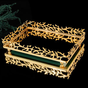 Creative <b>Decorative</b> Border with Golden Finished Tea Server Tray <b>Kitchen</b> <b>Accessories</b> Metal Square Shaped Serving Tray - Product Image 1
