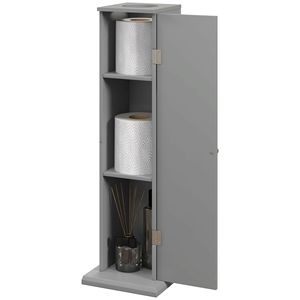 Piccolo mobile angolare da bagno grigio con porte e ripiani per la conservazione di carta igienica e Shampoo - Product Image 1