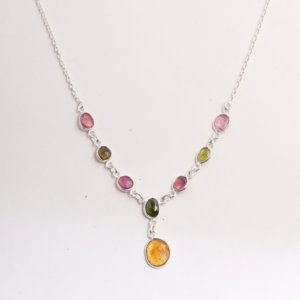 Natural Multi Tourmaline Necklace 925 Sterling Silver Handmade Gemstone Adjustable Link Chain Necklace Minimalist <b>Gift</b> for Women - Product Image 2