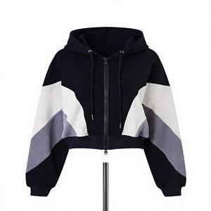 Women's Breathable 100% Cotton <b>Hooded</b> <b>Zip</b>-Up Crop Sweatshirt Drop-Shoulder Full Sleeve Casual Winter Knitted Fabric 340g - Product Image 1