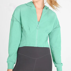 2026 nouveauté femmes mode personnalisé vert avant fermeture éclair doux coton confortable haut court à capuche col à capuche pour l'hiver - Product Image 1