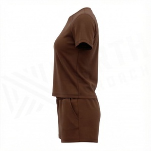 Ensemble 2 pièces pour femme, t-shirt sport marron uni à manches courtes et short au-dessus du genou, col rond, séchage rapide, polyester tricoté - Product Image 3