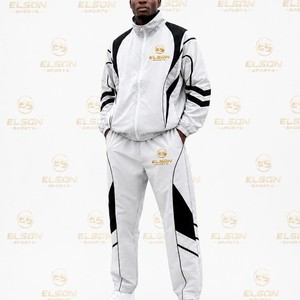 Ensemble de survêtement sportif pour homme, blanc et noir, avec blocs de couleur, fermeture éclair intégrale, léger, en polyester, deux pièces avec poches latérales - Product Image 6