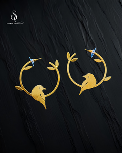 Boucles d'oreilles créoles en laiton plaqué or, motif oiseau et branche, bijoux fantaisie pour femme, cadeau - Product Image 1