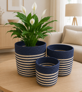 Panier de rangement en jute rayé, corbeille à linge ronde en corde de jute tressée pour le salon, décoration intérieure, fabriqué au Bangladesh - Product Image 6