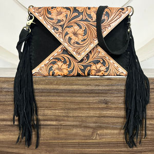 Cowgirl Hand <b>Tooled</b> Suede <b>Leather</b> Crossbody Fringe Envelope Bags Western Genuine <b>Leather</b> Floral Carved Bohemian Shoulder Purse - Product Image 4