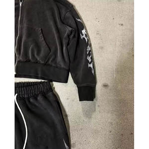 Ensemble de survêtements tendance pour hommes avec fermeture éclair, style streetwear, 100 % coton, effet délavé au soleil et délavé à l'acide, comprenant un sweat à capuche zippé et un pantalon de survêtement - Product Image 3