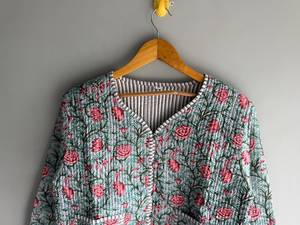 Floral Quilted Cotton Jacket V Neck Three Quarter Sleeve Prairie Chic Open Stitch Design Patch Pockets Spring Wear gift for her - Product Image 5