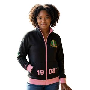 Black and <b>Pink</b> Women Full Zip Track <b>Jacket</b> with Embroidered Crest Long Sleeve Athletic Casual Sports Outerwear Comfortable Wear - Product Image 1