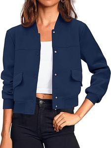 Chaqueta Bomber Azul Marino para Mujer, Manga Larga, Cuello Alto, Cierre de Botones, Ropa Exterior Informal, Color Sólido, Bolsillos con Parches, Corte Corto - Product Image 1