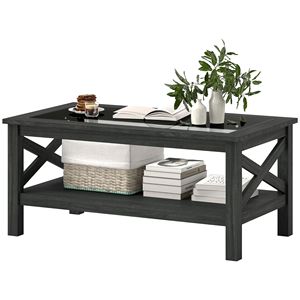 Tavolino da salotto nero con struttura in legno e piano in vetro temperato sotto il ripiano di stoccaggio - Product Image 1