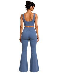Manufacturer Customized Steel Blue Womens Yoga Set <b>Flare</b> <b>Leggings</b> And Sports Bra Seamless Fitness Gym Wear Activewear Outfit Set - Product Image 2