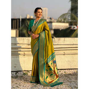 Mehendi Green Soft Silk Paithani Zari Woven Ethnic Saree <b>Shawl</b> with Intricate <b>Indian</b> Design - Product Image 1