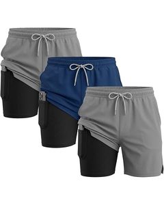 Shorts de bain décontractés pour hommes 100 % coton, couleur unie, avec poches, séchage rapide, taille à cordon de serrage, longueur mi-cuisse, garniture orange turquoise - Product Image 4