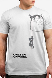 ONETEN APPAREL T-shirt blanc à manches courtes pour homme, col rond, imprimé chats de dessin animé mignons, avec poche - Product Image 4