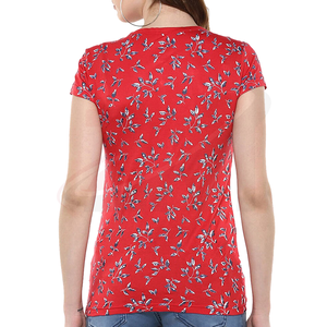 Camiseta de Manga Corta con Cuello en V y Estampado Floral Rojo para Mujer, Corte Regular Informal, 100% Algodón, Transpirable, Tejido de Punto, Top de Primavera/Verano - Product Image 2
