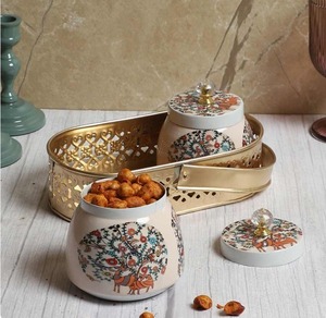 Golden Finish Metal Pichwai <b>Jar</b> with Tray <b>Decorative</b> <b>Jar</b> Set for Festive Wedding Decoration - Product Image 4