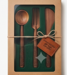 Ensemble de couverts en bois 3 pièces (cuillère, fourchette, spatule) finition mate, design minimaliste, écologique, pour le camping et l'hôtellerie - Product Image 5