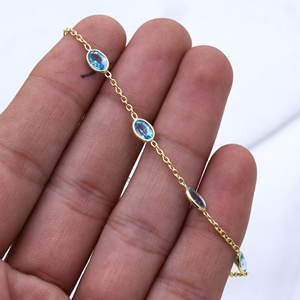 Pulsera de Plata de Ley 925 al por Mayor, Chapada en Oro Amarillo, con Topacio Azul Natural Ovalado Engastado en Bisel, Joyas Memoria - Product Image 3