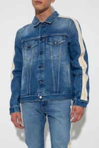 Veste en jean délavé pour homme avec bandes latérales crème, boutonnée, coupe décontractée, style automne, en coton tissé - Product Image 4