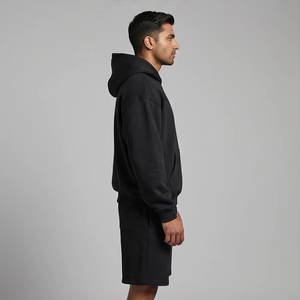 Men's Black Hooded Fleece Sweatshirt With Shorts Casual Autumn <b>Set</b> Solid Color <b>Knitted</b> Fabric - Product Image 4