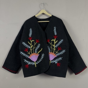 Floral Embroidery <b>Kantha</b> Suzani <b>jacket</b> - Handmade Quilted, Bohemian <b>Jacket</b>, V-neck, Vintage Style Quilt - Product Image 1