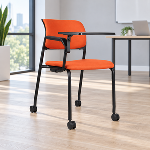 Chaise de bureau KINSHA en tissu orange avec tablette d'écriture en métal, design moderne, empilable et à roulettes - Product Image 1