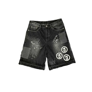 Denim Customized Men High Waist Loose Fit 100%Cotton Breathable Streetwear Casual Distressed Baggy Vintage Crystal Shorts - Product Image 1