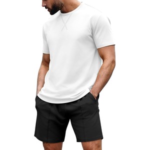 Conjunto de Verano 2026 para Hombre, Camiseta Blanca de Cuello Redondo con Pantalones Cortos Negros, Ropa Casual Transpirable de Algodón Tejido, Color Sólido - Product Image 1