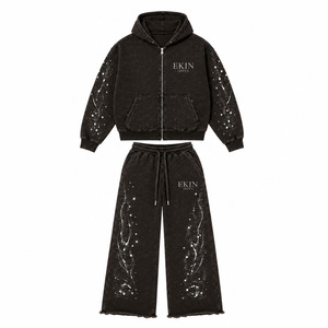 Conjunto de Sudadera con Capucha con Cremallera Y2K y Pantalones de Chándal de Pierna Ancha con Dobladillo sin Rematar, 100% Algodón, de Secado Rápido, con Lavado Ácido, Estampado de Estrella de Diamantes de Imitación y Logotipo Personalizado, Unisex - Product Image 3