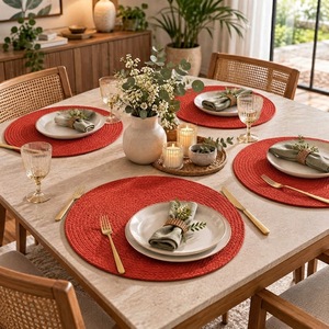 Round Cotton Red Braided <b>Place</b> <b>Mat</b> Washable Home Use Simple Solid Pattern - Product Image 2