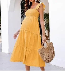 Robe longue maxi unie en soie et lin jaune pour femme enceinte, vêtements d'été les plus vendus, robe de maternité de haute qualité, vente en gros OEM - Product Image 3