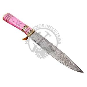 Nouvelle édition personnalisable, couteau de chasse Bowie en acier Damas de 13 pouces, manche en laiton avec pierre rose, lame fixe, couteau de camping, couteau de survie - Product Image 1