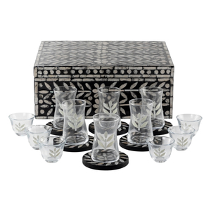 Elegant Luxury Black Mother of Pearl Inlaid <b>Tea</b> Glass Set with Matching Coasters and Storage Box Wholesale - Product Image 1