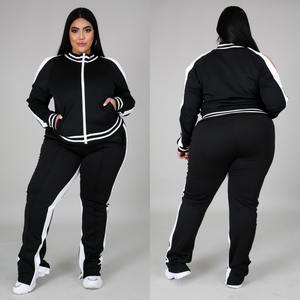 Conjunto deportivo de dos piezas para mujer, talla grande, manga larga, con cremallera, rayas, diseño hueco, informal, para otoño e invierno, largo completo. - Product Image 3