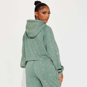 Conjunto de Sudadera Corta con Capucha para Mujer, Verde Sólido, Felpa, Informal, para Otoño, Sudadera con Capucha de Manga Larga y Pantalones a Juego - Product Image 2