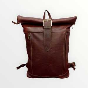 Sac à dos en cuir véritable à fermeture enroulée, sac à dos de voyage en cuir de vachette ciré, sac pour ordinateur portable pour homme avec poches antivol LTBP-0084 - Product Image 1